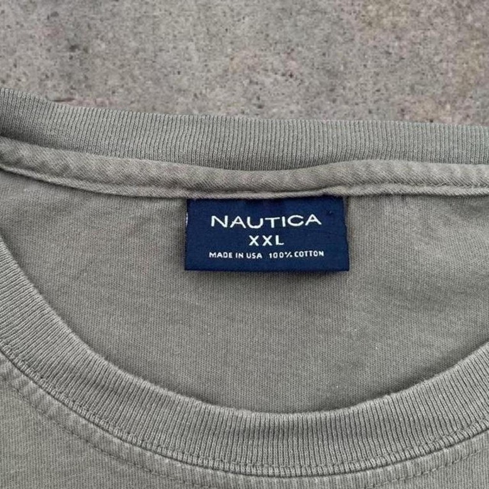 Vintage 90s Nautica Canoe Graphic Pocket T Shirt Olive Green USA Made Mens XXL - Picture 4 of 5
